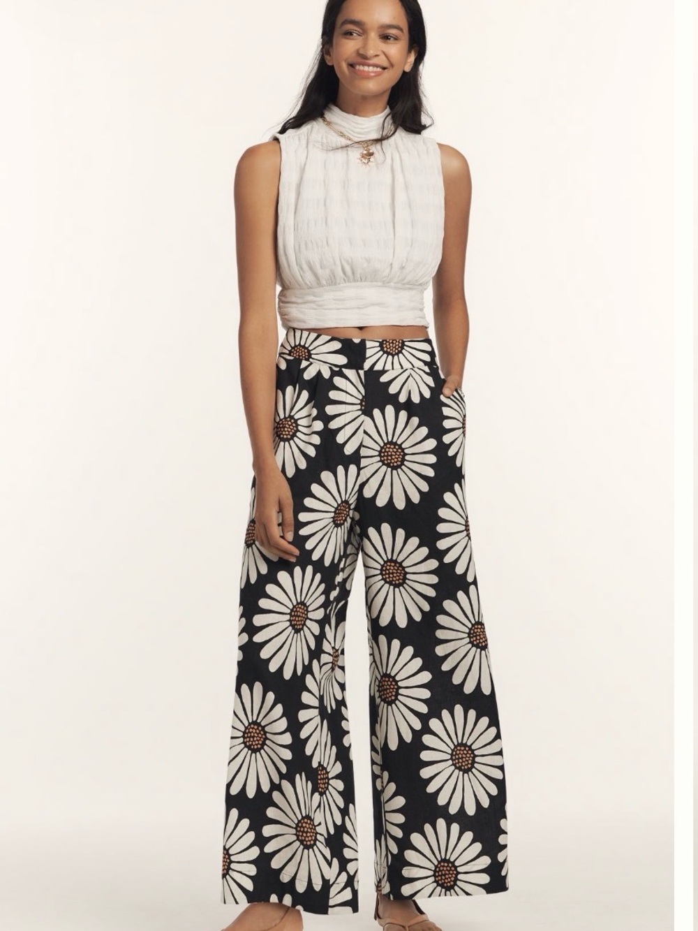 FARM Rio Black Wide-Leg Daisy Print Pants